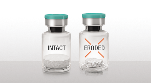An example of what intact powder looks like versus eroded powder for XIAFLEX®