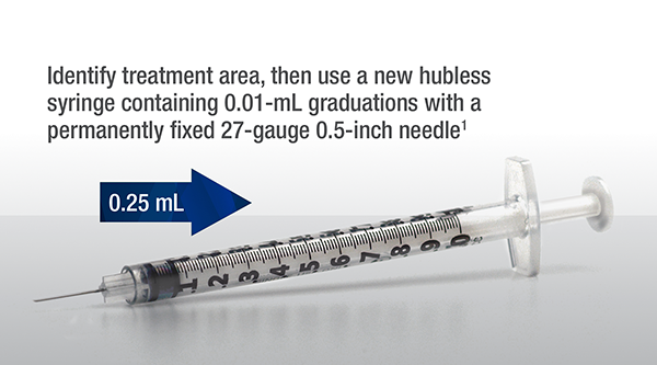 Identify treatment area, then use a new hubless syringe containing 0.01 milliliter graduations with a permanently fixed 27 guage 0.5 inch needle (1)