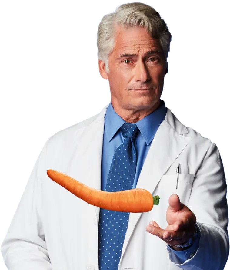 Actor portrayal of a doctor and a curved orange carrot