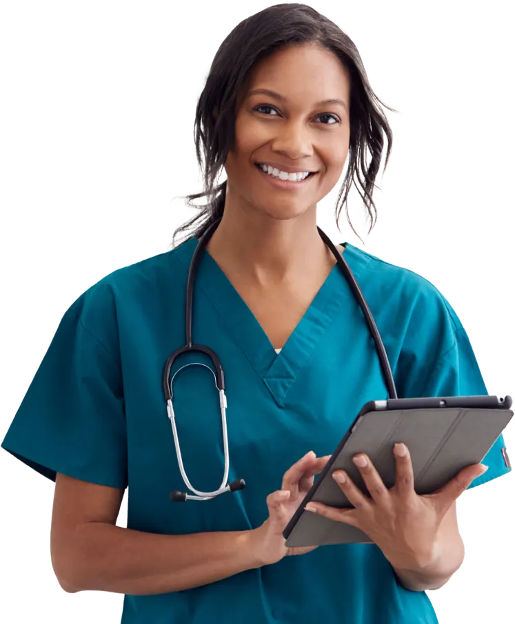 A female doctor holding a tablet and smiling at the camera