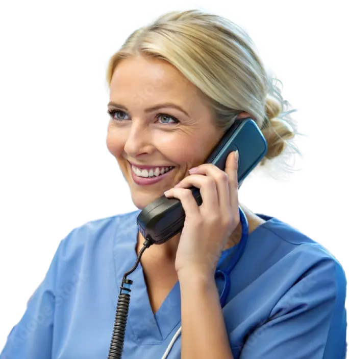 A female office staff member smiling while on the phone