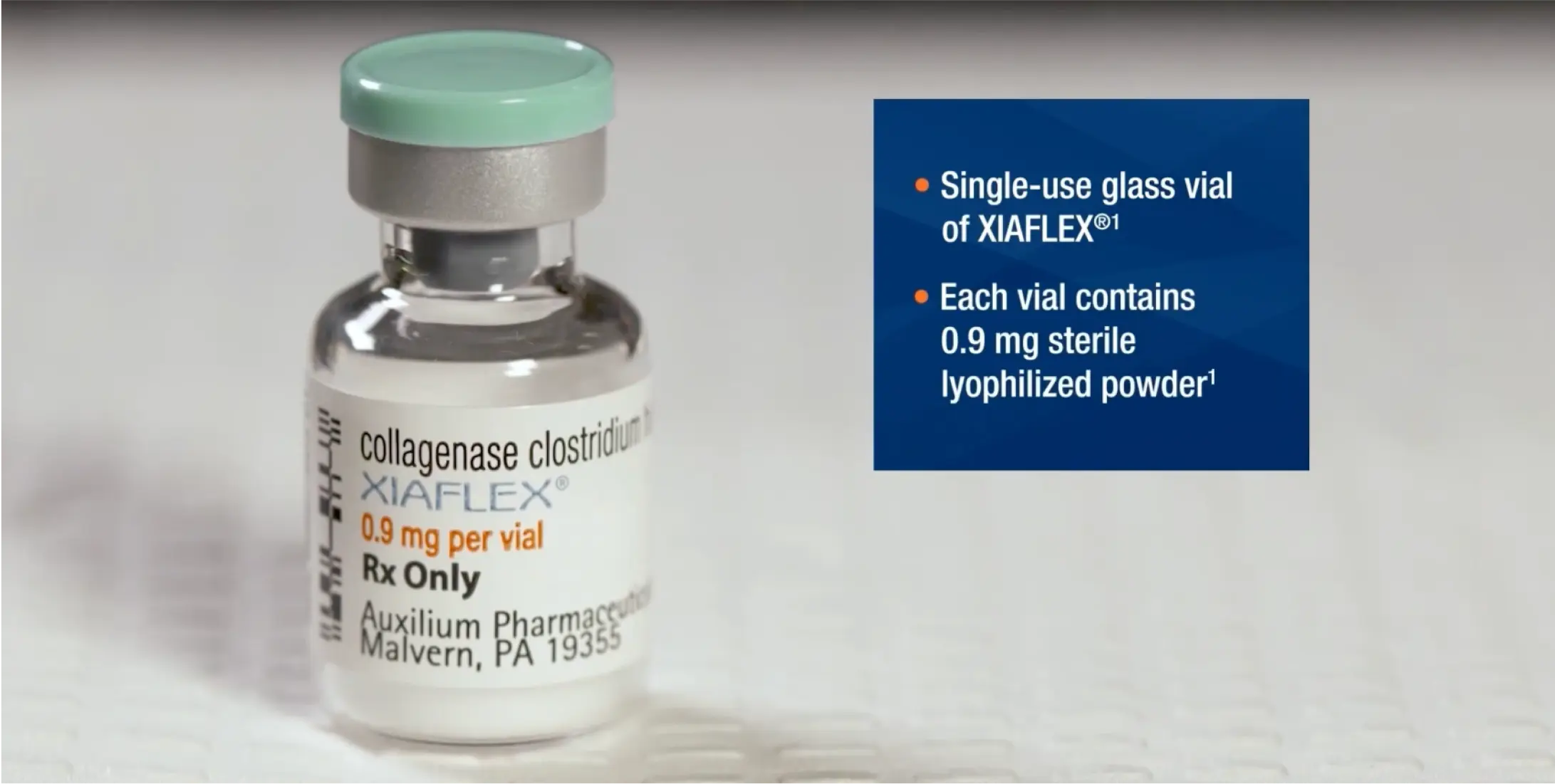 Vial of XIAFLEX with a play button