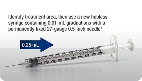 A depiction of 0.25 mL of reconstituted solution in a hubless syringe