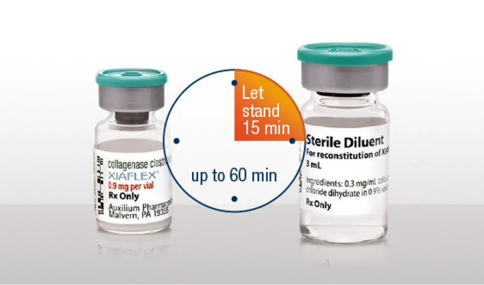 Two vials of XIAFLEX with a circle between them with the room temperature time parameters within it (Let stand 15 min up to 60 min)