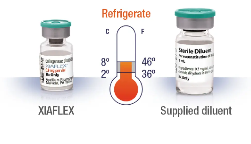 Two vials of XIAFLEX with a circle between them with the room temperature time parameters within it (Let stand 15 min up to 60 min)