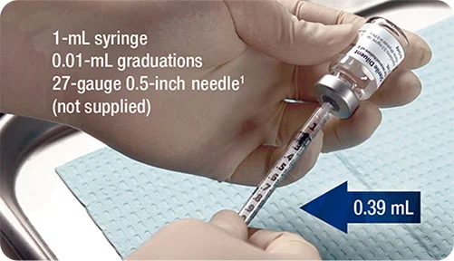 A healthcare professional withdrawing 0.39 mL of the supplied sterile diluent