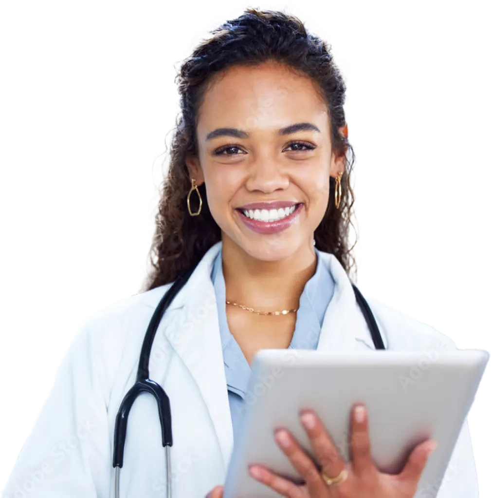 A female doctor holding a tablet and smiling at the camera