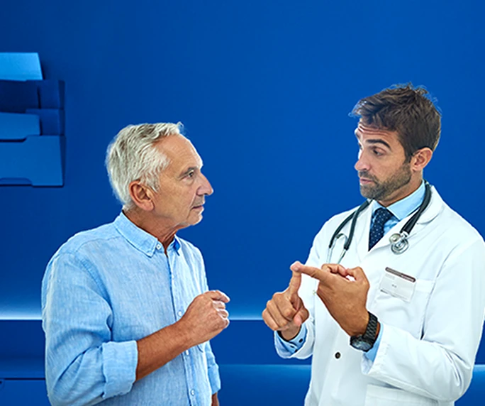 Actor portrayals of a doctor consulting with an older male patient