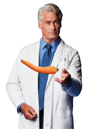 Actor portrayal of a doctor tossing a bent carrot toward the camera