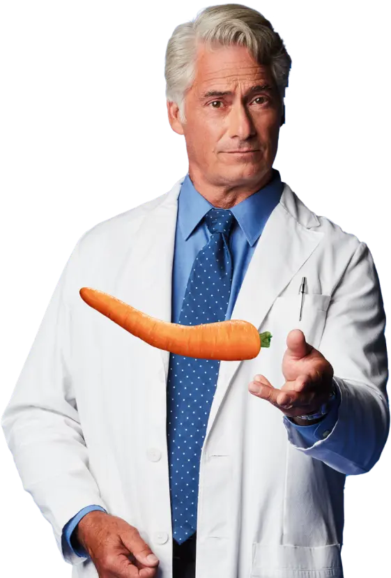 Actor portrayal of a doctor tossing a bent carrot toward the camera