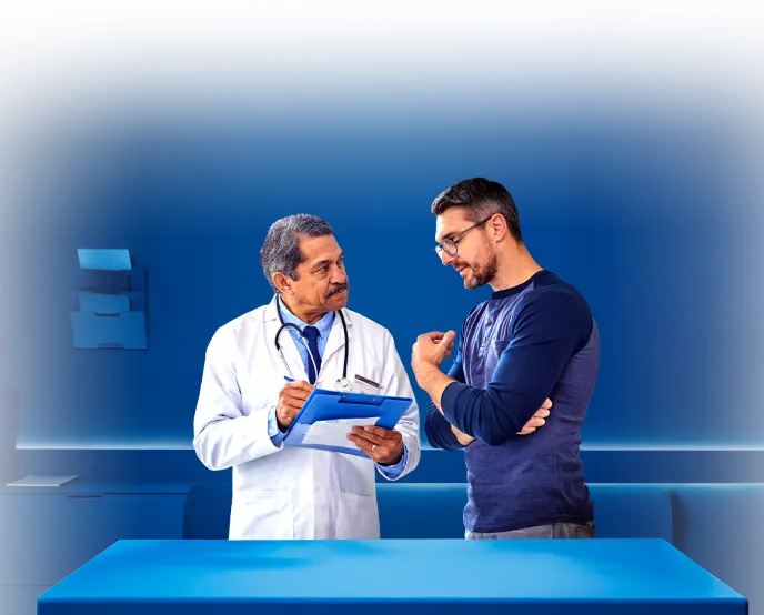 Actor portrayals of a doctor consulting with a male patient