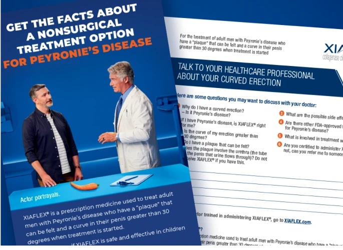 A graphic displaying the XIAFLEX Patient Brochure and Doctor Discussion Guide